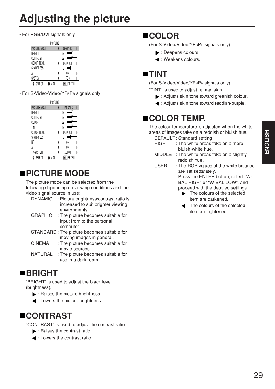Adjusting the picture, Picture mode, Bright | Contrast, Color, Tint, Color temp | Panasonic PT-D5500EL User Manual | Page 29 / 60