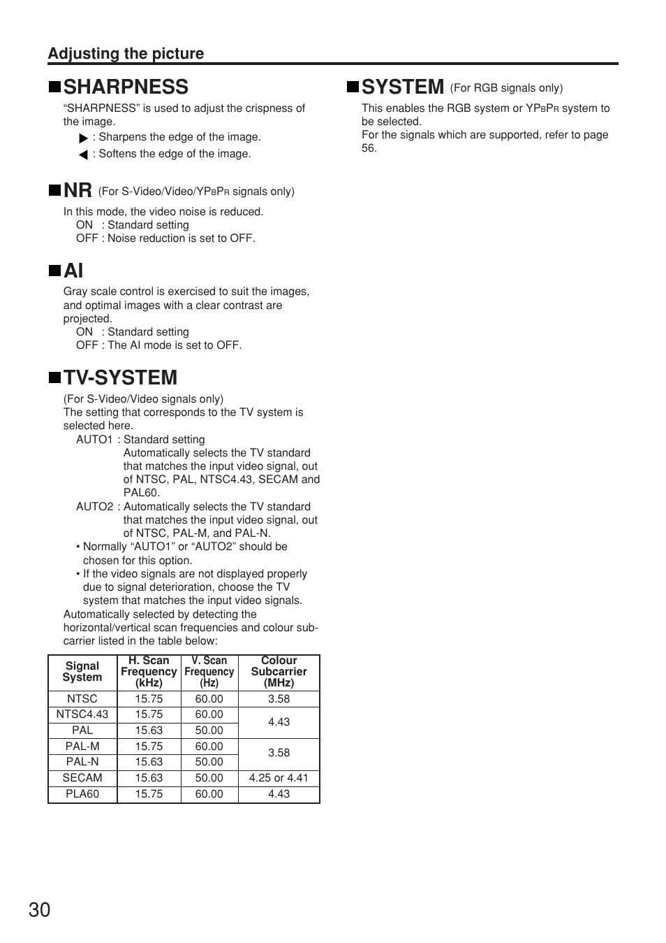 Sharpness, Tv-system, System | Adjusting the picture | Panasonic PT-D5500EL User Manual | Page 30 / 60