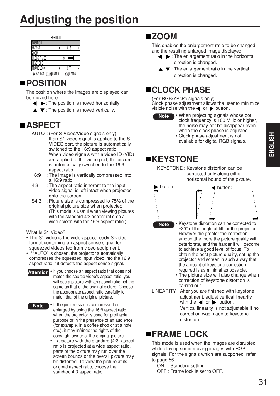 Adjusting the position, Keystone, Position | Aspect, Zoom, Clock phase, Frame lock | Panasonic PT-D5500EL User Manual | Page 31 / 60