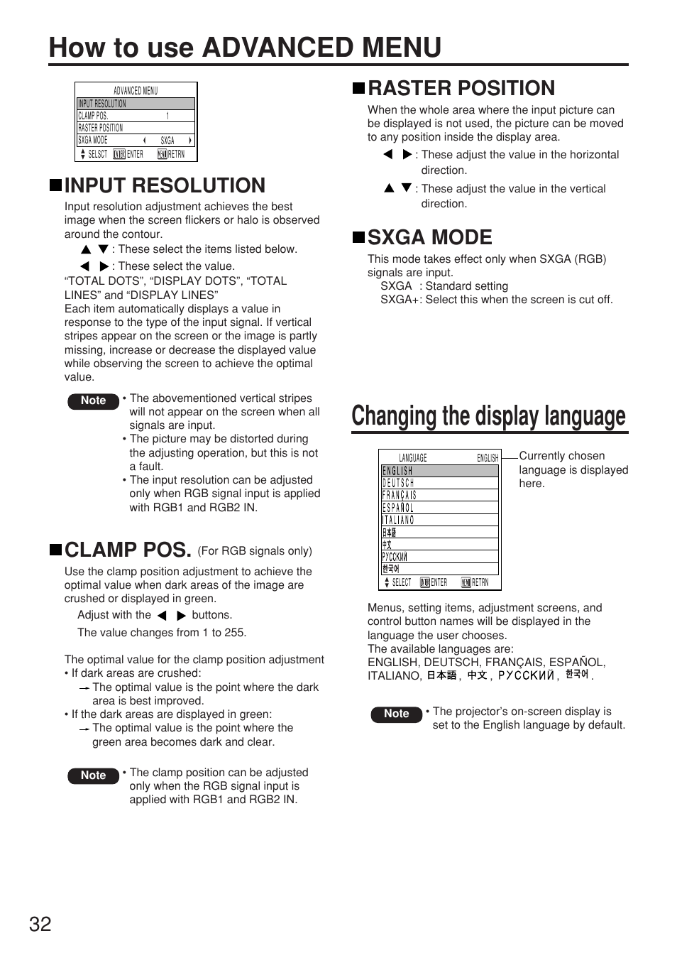 How to use advanced menu, Changing the display language, Input resolution | Clamp pos, Raster position, Sxga mode | Panasonic PT-D5500EL User Manual | Page 32 / 60