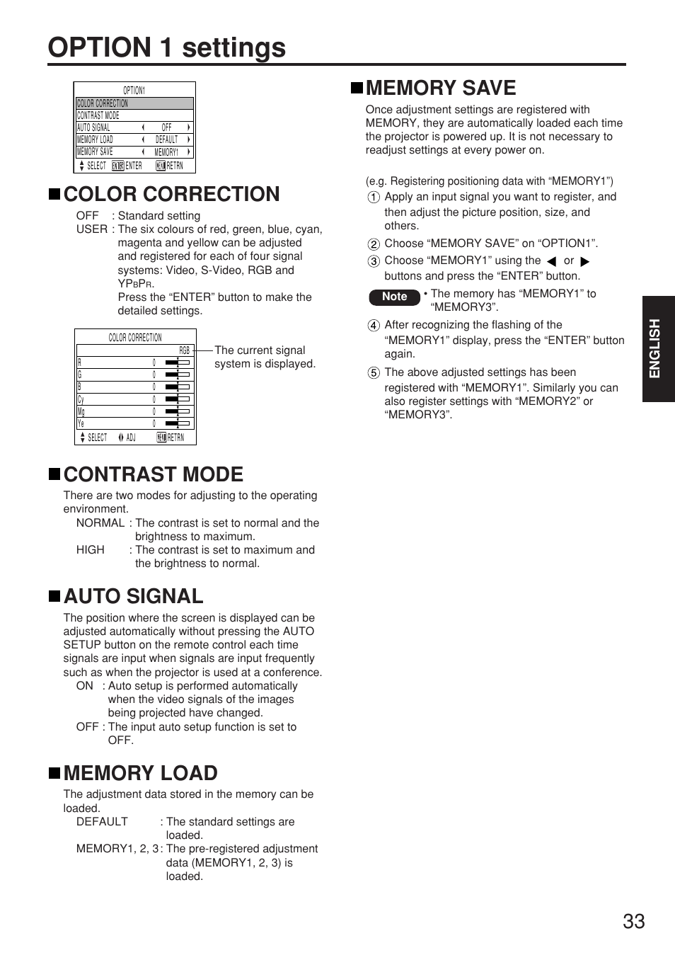 Option 1 settings, Color correction, Contrast mode | Auto signal | Panasonic PT-D5500EL User Manual | Page 33 / 60