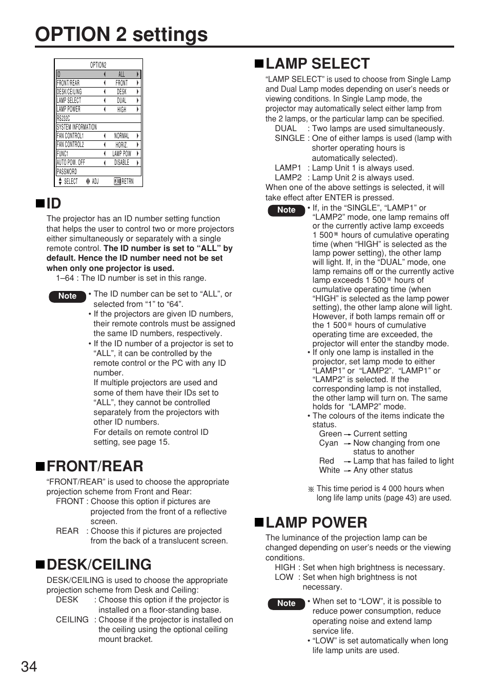 Option 2 settings, Front/rear, Desk/ceiling | Lamp select, Lamp power | Panasonic PT-D5500EL User Manual | Page 34 / 60
