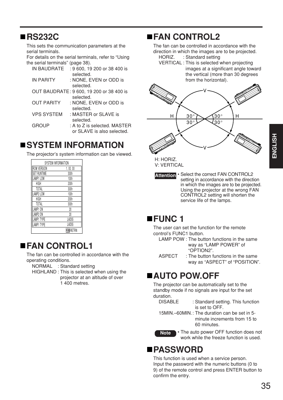 Rs232c, System information, Fan control1 | Fan control2, Func 1, Auto pow.off, Password | Panasonic PT-D5500EL User Manual | Page 35 / 60