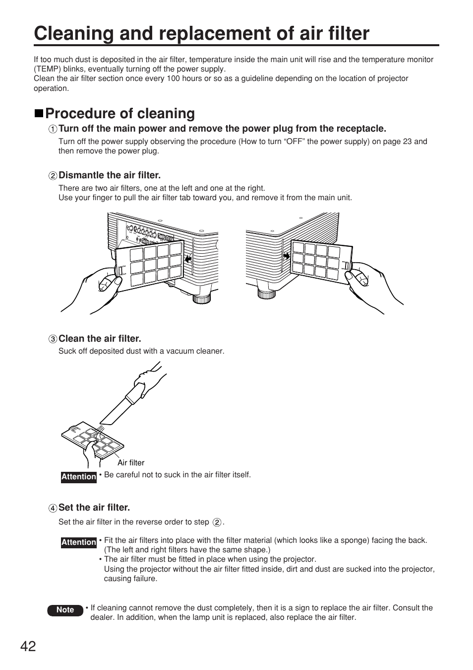 Cleaning and replacement of air filter, Procedure of cleaning | Panasonic PT-D5500EL User Manual | Page 42 / 60