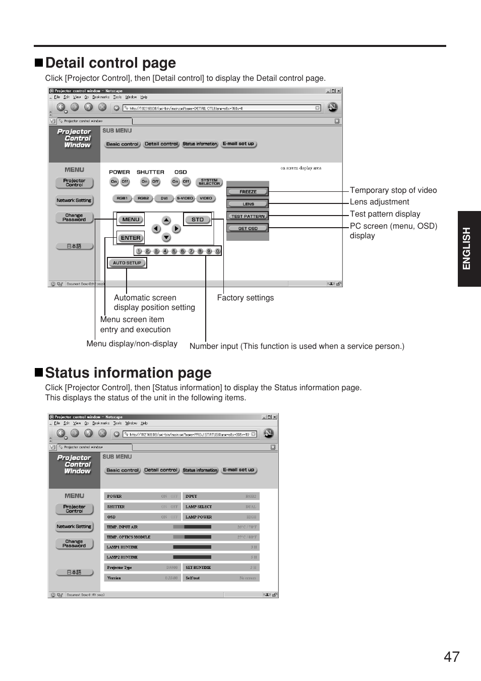 Detail control page, Status information page | Panasonic PT-D5500EL User Manual | Page 47 / 60