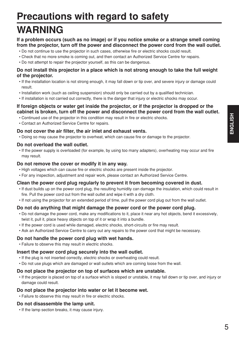 Precautions with regard to safety, Warning | Panasonic PT-D5500EL User Manual | Page 5 / 60