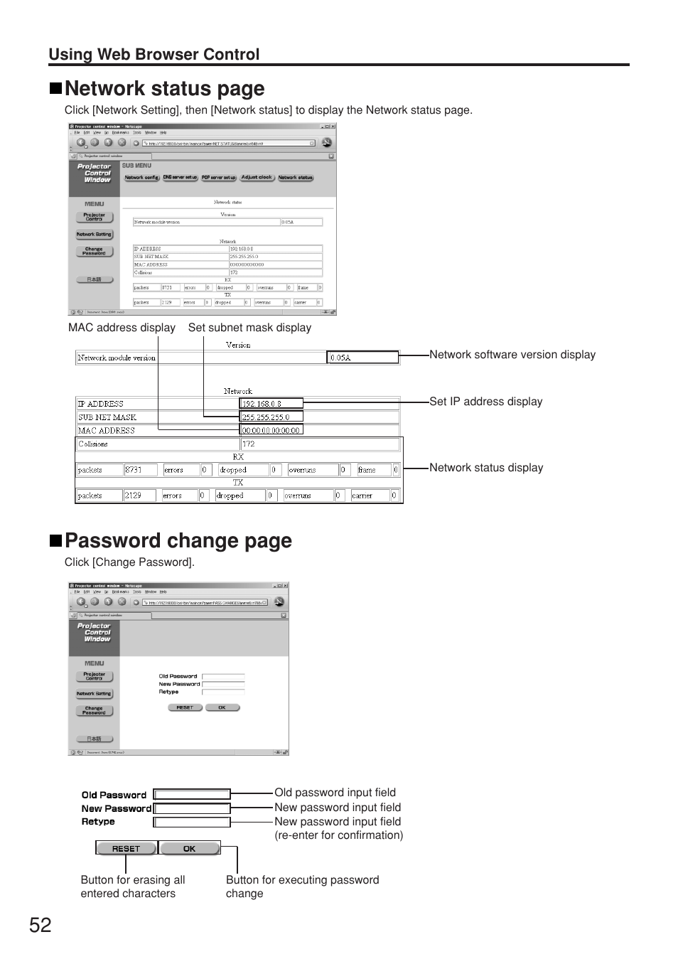 Password change page, Network status page | Panasonic PT-D5500EL User Manual | Page 52 / 60