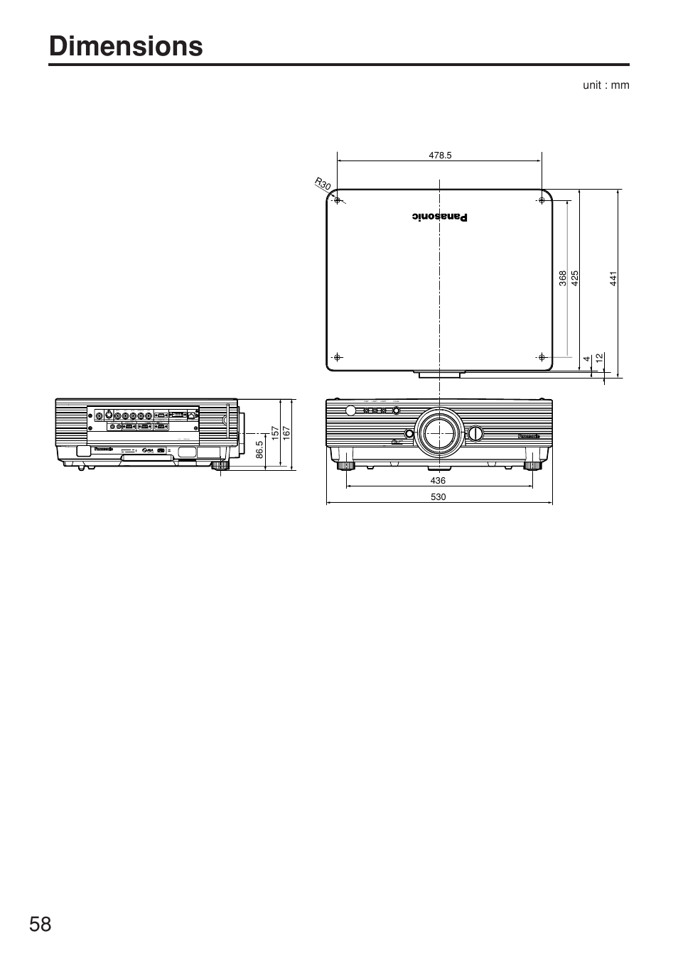 Dimensions, Unit : mm, Pc< tbmu448 | Panasonic PT-D5500EL User Manual | Page 58 / 60