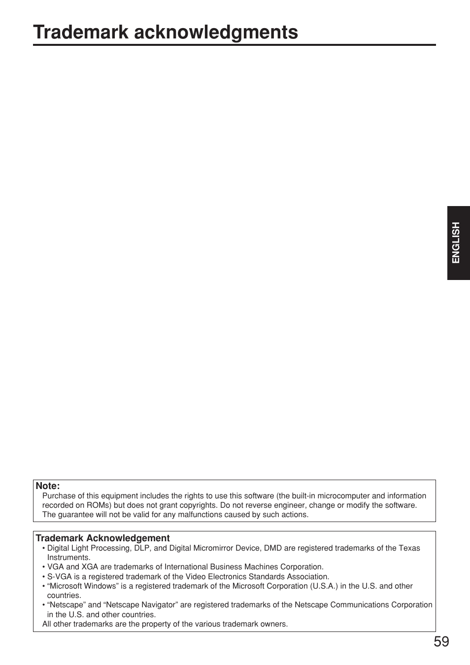 Trademark acknowledgments | Panasonic PT-D5500EL User Manual | Page 59 / 60