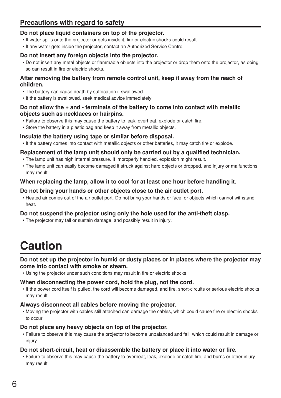 Caution, Precautions with regard to safety | Panasonic PT-D5500EL User Manual | Page 6 / 60