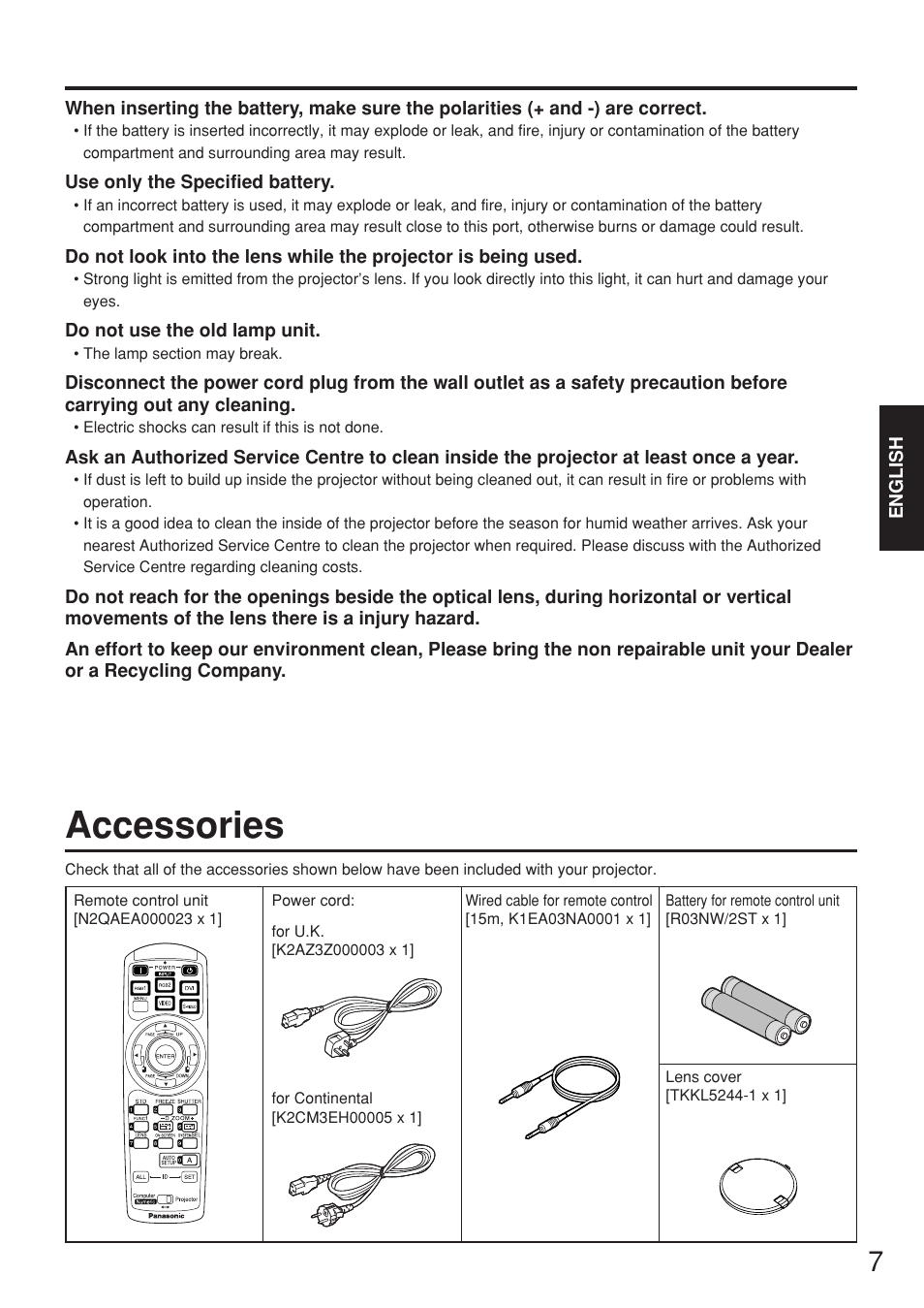 Accessories | Panasonic PT-D5500EL User Manual | Page 7 / 60