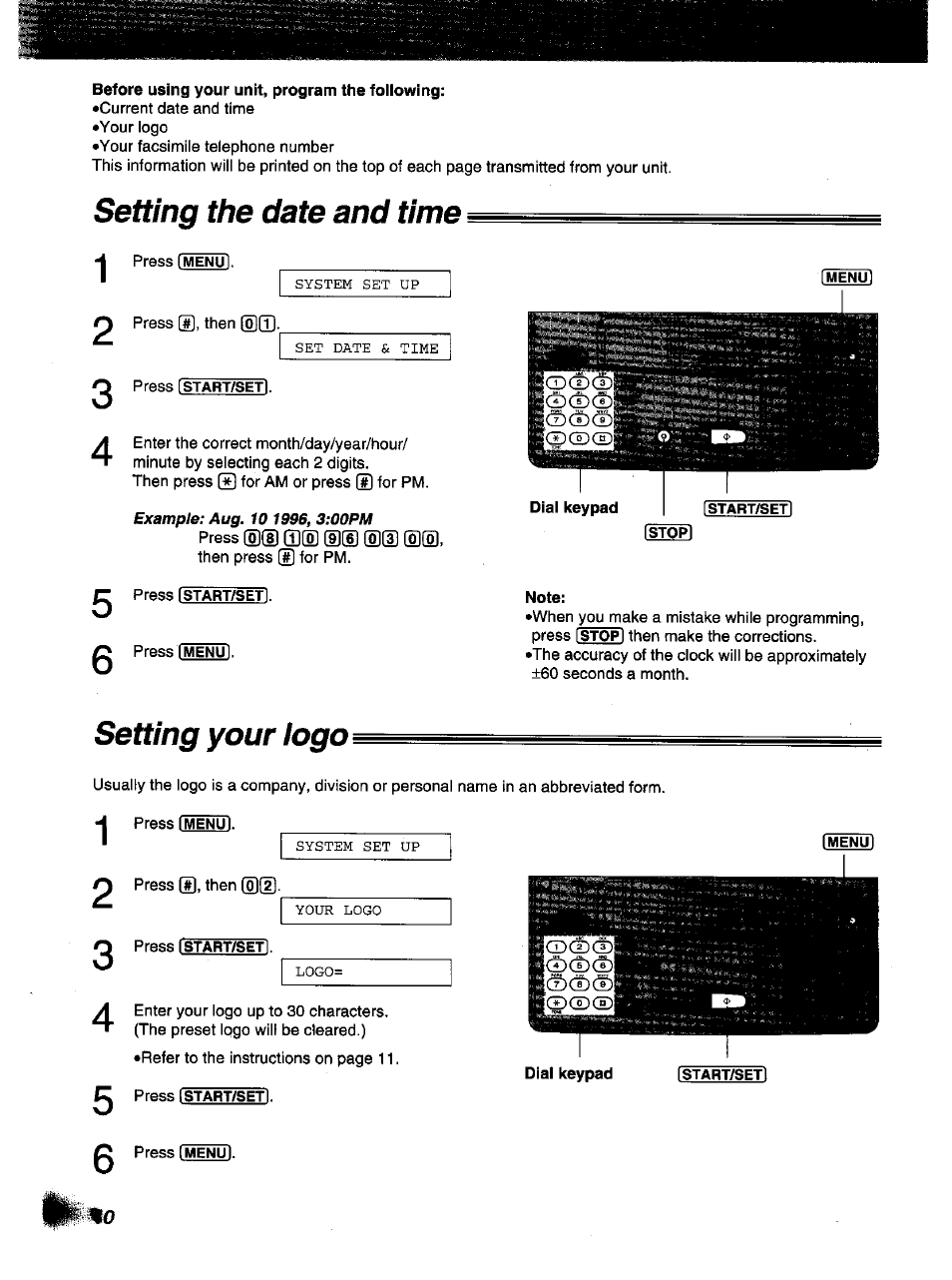 Setting the date and time 1 2, Setting your logo, Setting the date and time | Panasonic KX-F1000NZ User Manual | Page 10 / 64