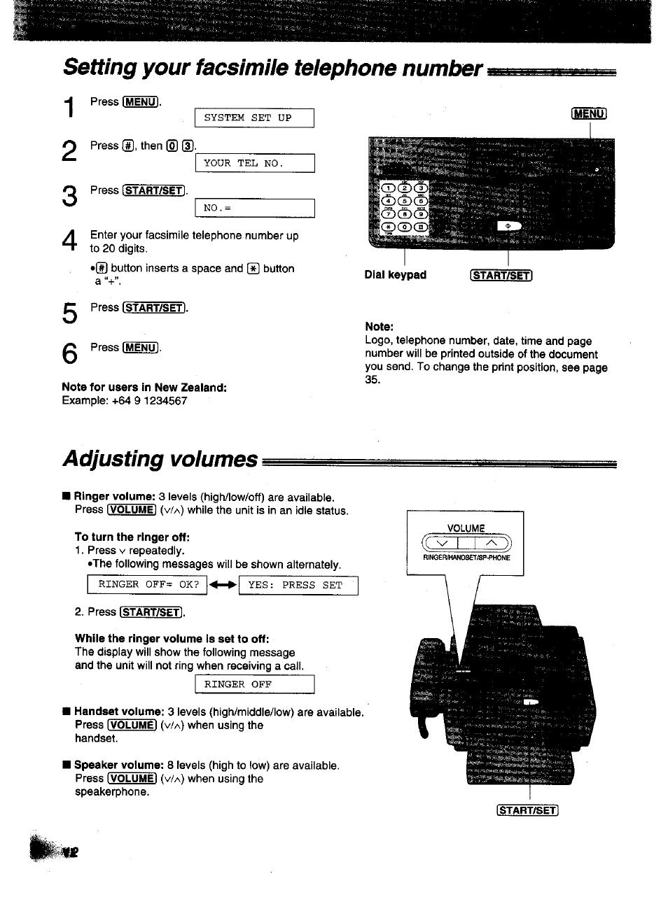 Setting your facsimile telephone number, Adjusting volumes | Panasonic KX-F1000NZ User Manual | Page 12 / 64