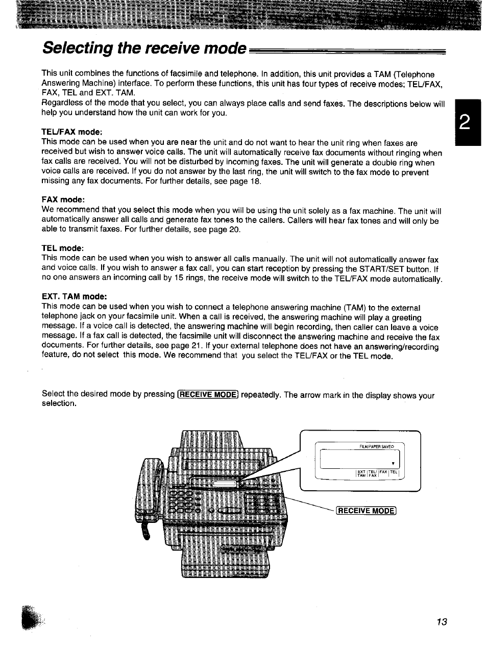 Selecting the receive mode, L:^э«==й!^"нnшщ;=*sзйg | Panasonic KX-F1000NZ User Manual | Page 13 / 64