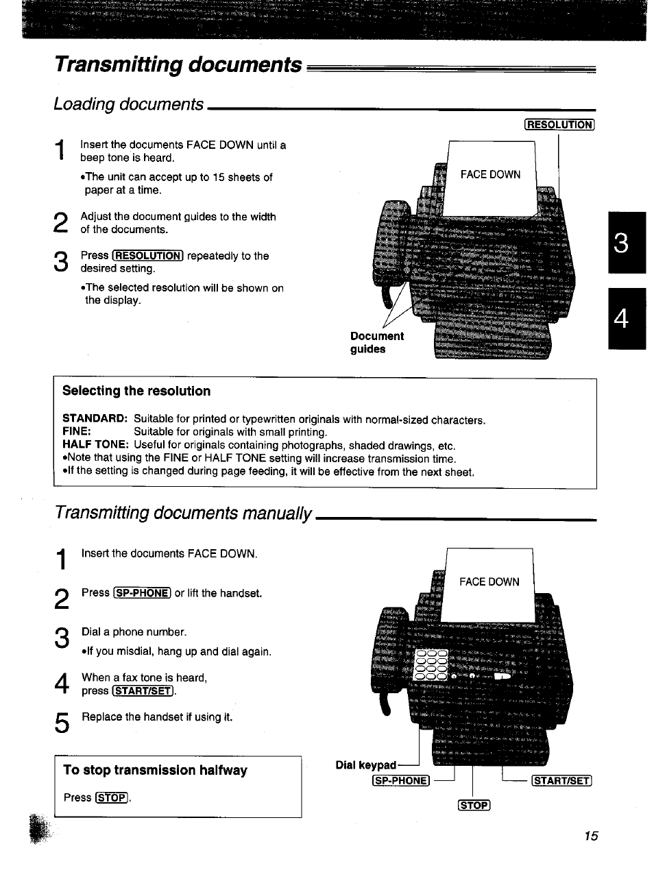 Transmitting documents, I resolution i, Selecting the resolution | To stop transmission halfway | Panasonic KX-F1000NZ User Manual | Page 15 / 64