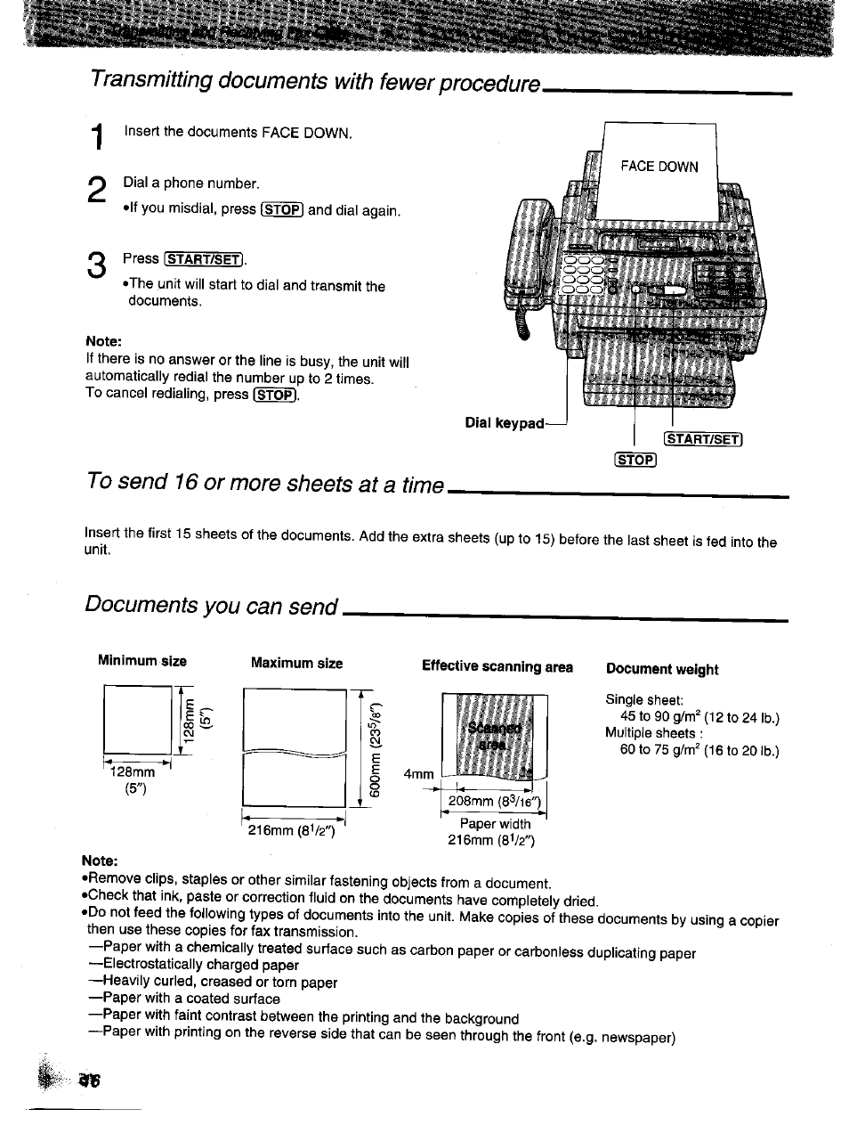 Transmitting documents with fewer procedure, Or more sheets at a time, Documents you can send | Panasonic KX-F1000NZ User Manual | Page 16 / 64