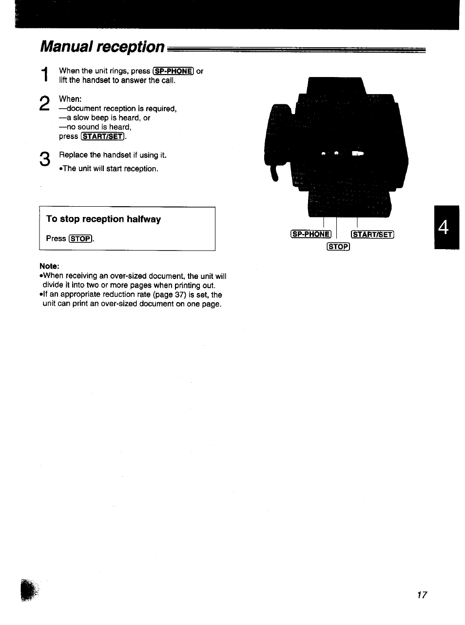 Manual reception, To stop reception halfway | Panasonic KX-F1000NZ User Manual | Page 17 / 64