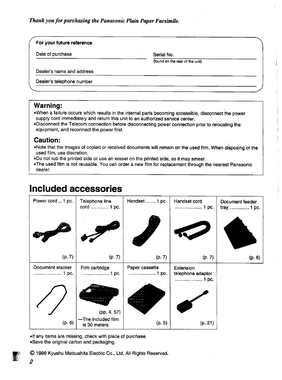 Included accessories, Warning, Caution | Panasonic KX-F1000NZ User Manual | Page 2 / 64