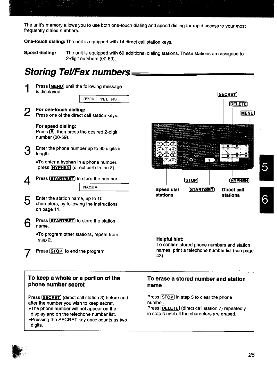 Storing tel/fax numbers, To erase a stored number and station name | Panasonic KX-F1000NZ User Manual | Page 25 / 64