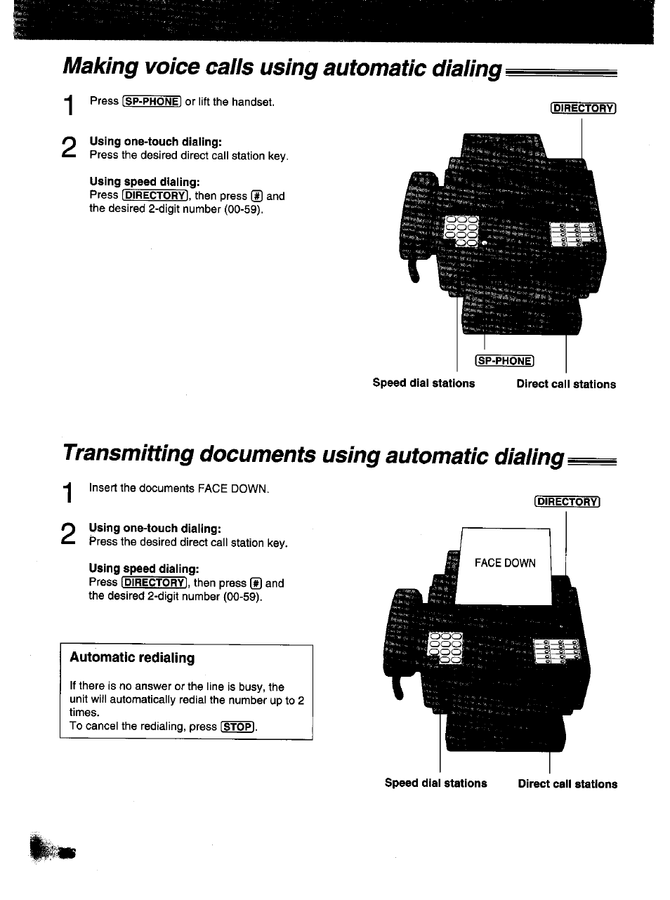 Making voice caiis using automatic diaiing, Transmitting documents using automatic diaiing, Automatic redialing | Panasonic KX-F1000NZ User Manual | Page 26 / 64