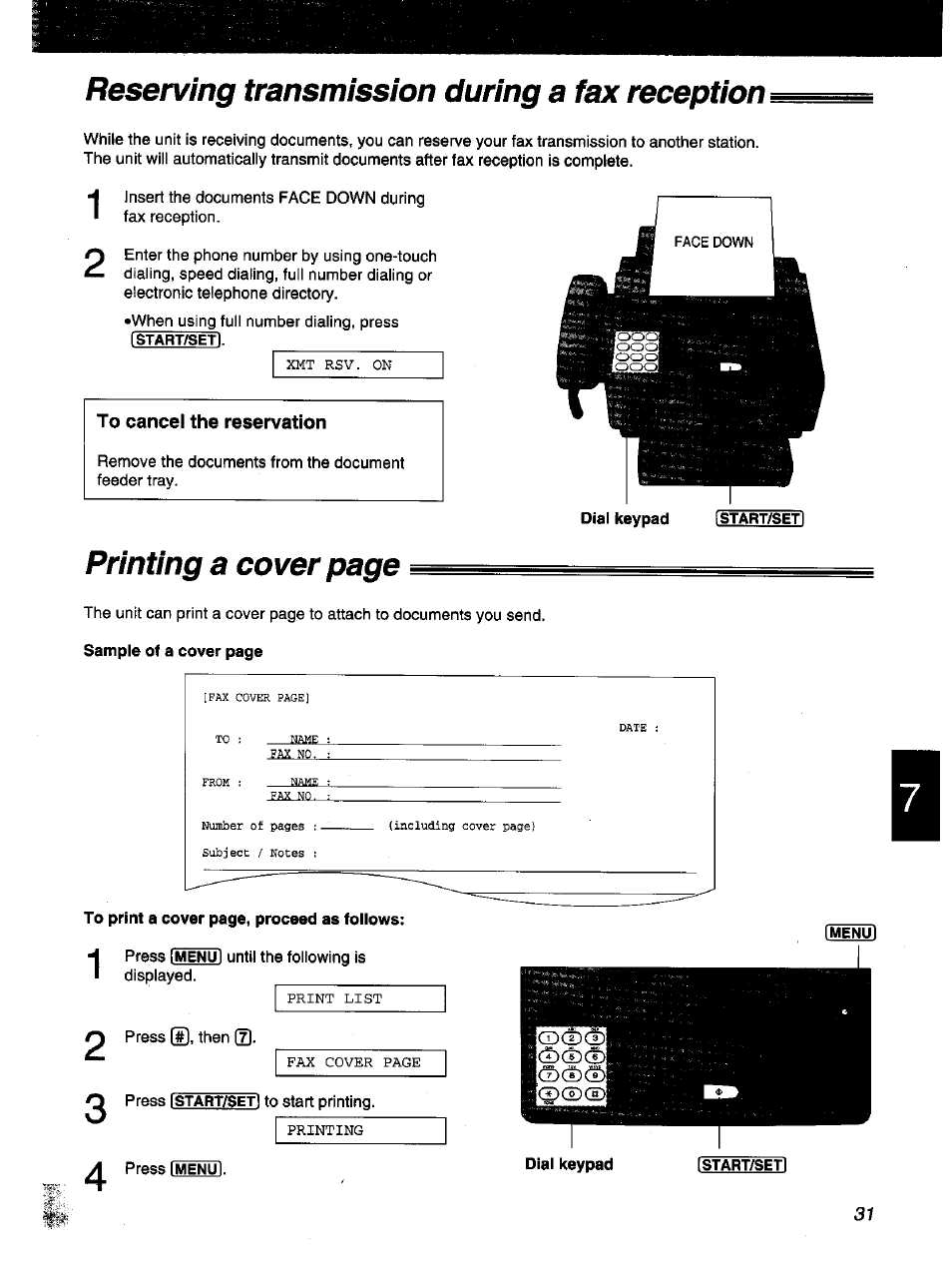 Reserving transmission during a fax reception, Reserving transmission, During a fax reception | Printing a cover page | Panasonic KX-F1000NZ User Manual | Page 31 / 64