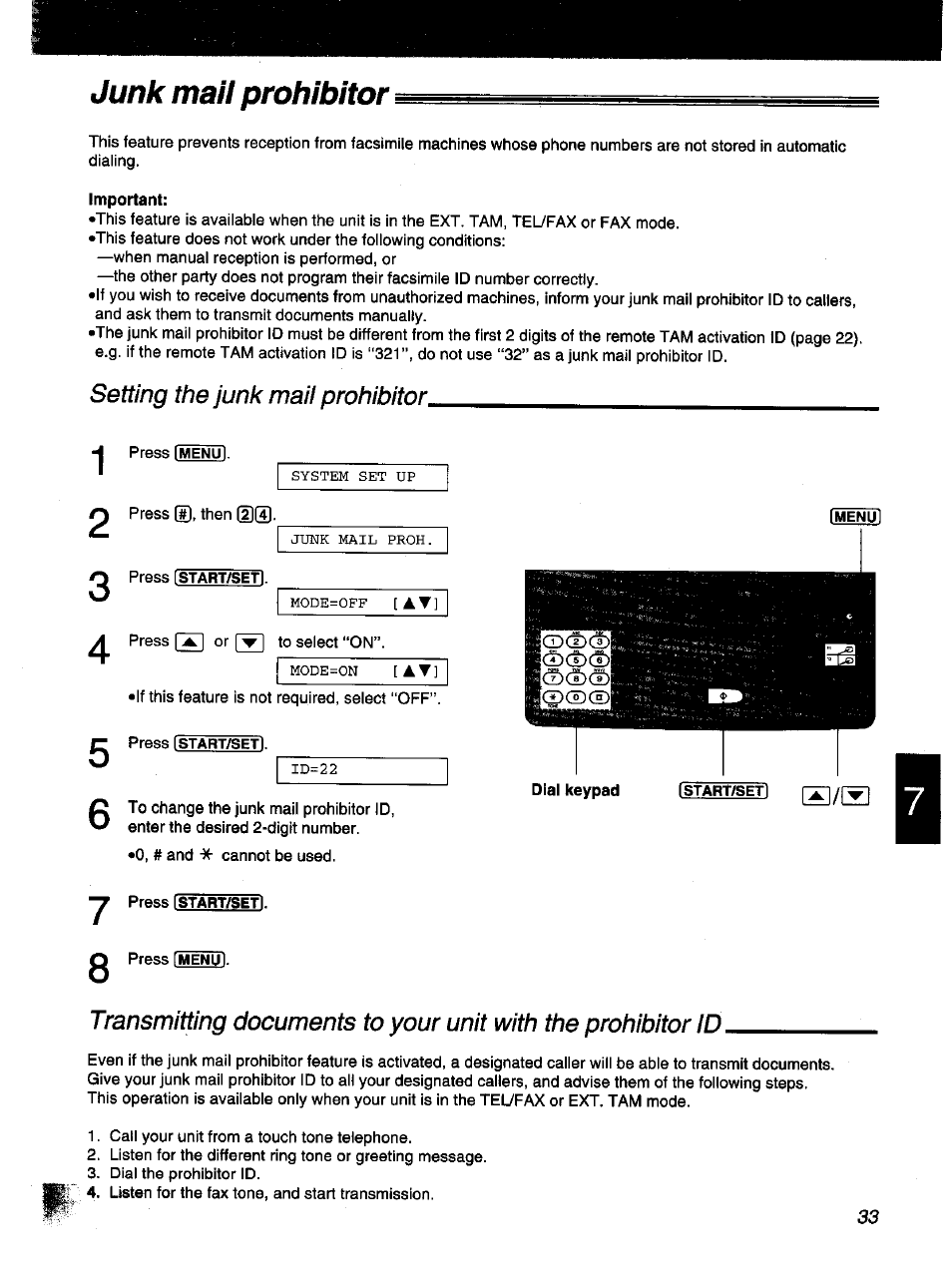 Junk mail prohibitor, Setting the junk mail prohibitor | Panasonic KX-F1000NZ User Manual | Page 33 / 64