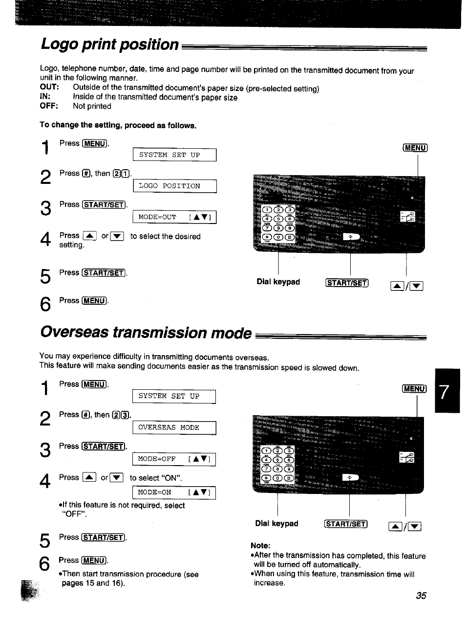 Logo print position, Overseas transmission mode | Panasonic KX-F1000NZ User Manual | Page 35 / 64