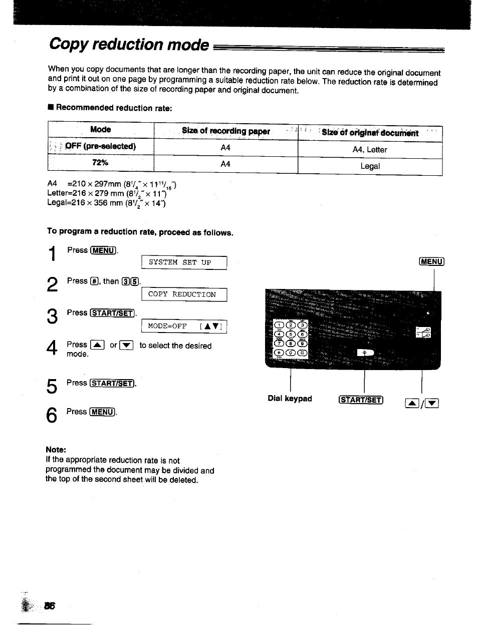 Copy reduction mode | Panasonic KX-F1000NZ User Manual | Page 36 / 64