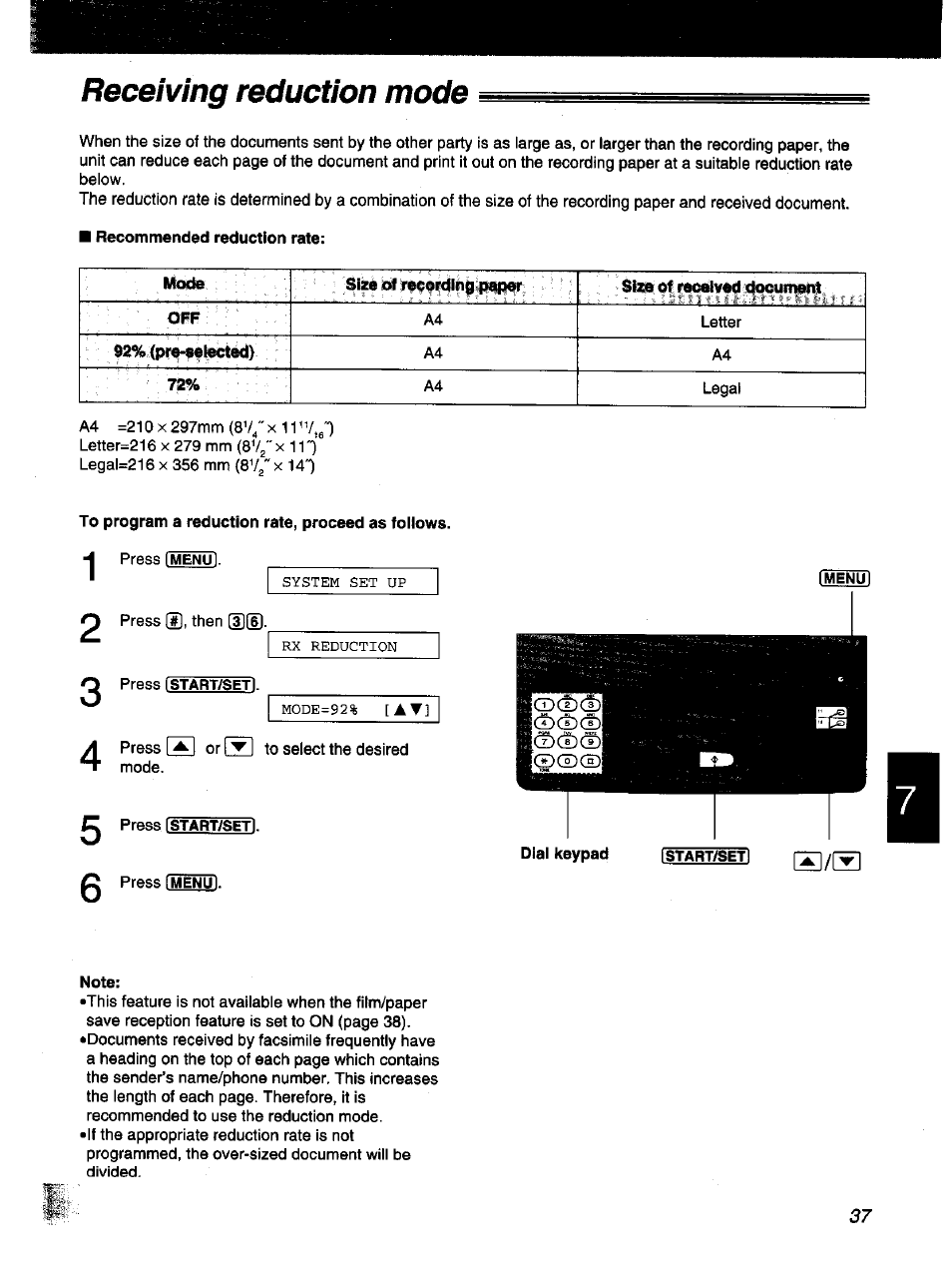 Receiving reduction mode | Panasonic KX-F1000NZ User Manual | Page 37 / 64