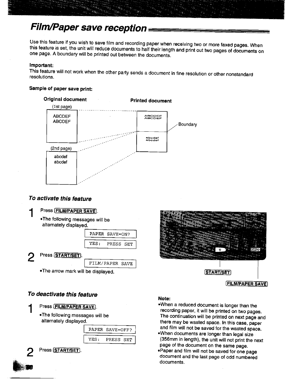 Fum/paper save reception, Film/paper save reception | Panasonic KX-F1000NZ User Manual | Page 38 / 64