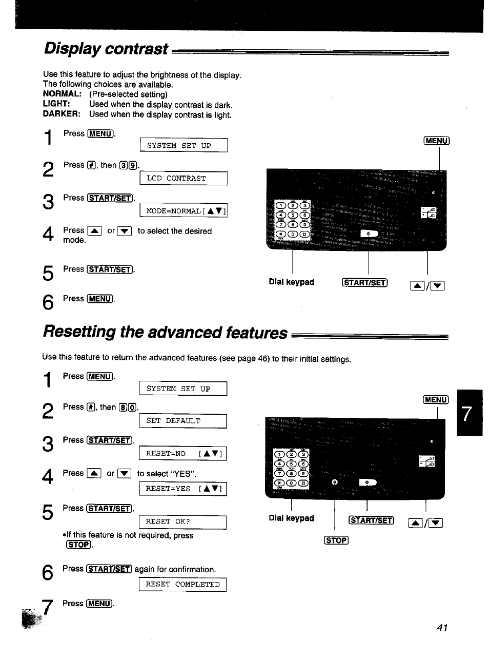 Display contrast, Resetting the advanced features | Panasonic KX-F1000NZ User Manual | Page 41 / 64