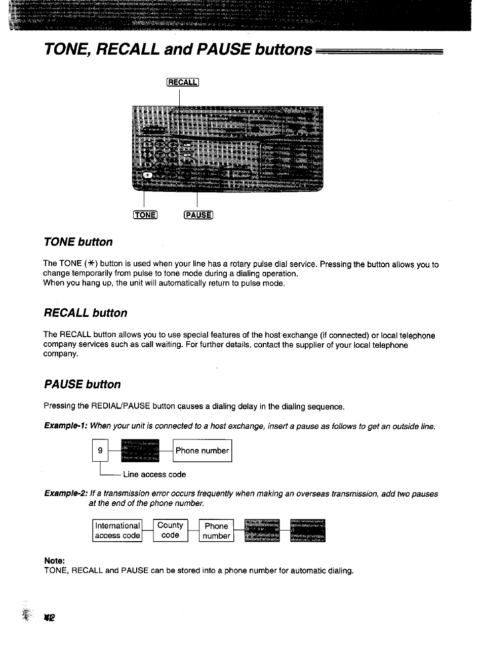 S^ssid, Tone, recall and pause buttons, Tone button | Recall button, Pause button | Panasonic KX-F1000NZ User Manual | Page 42 / 64