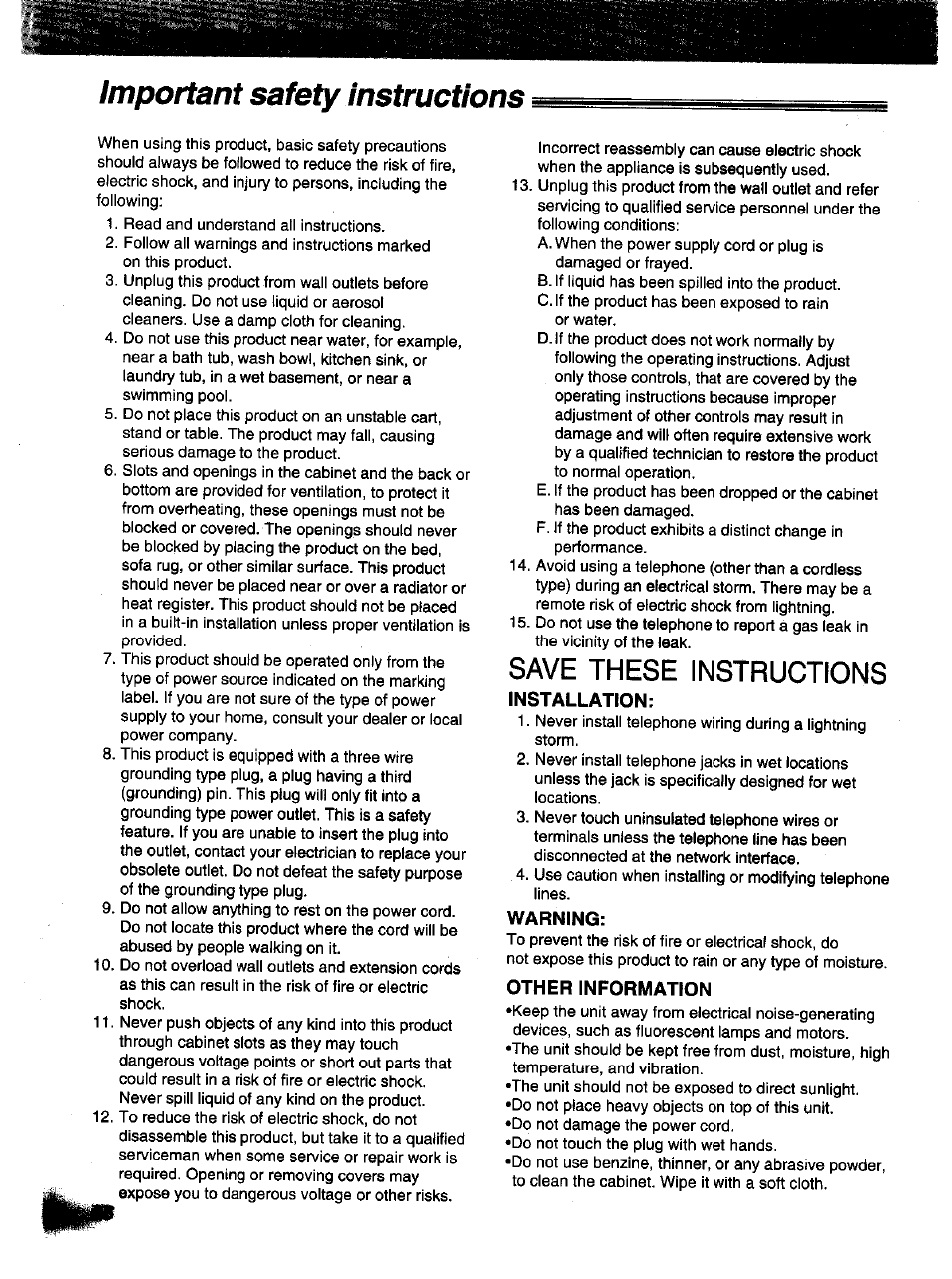 Important safety instructions, Save these instructions, Warning | Other information, Installation | Panasonic KX-F1000NZ User Manual | Page 56 / 64