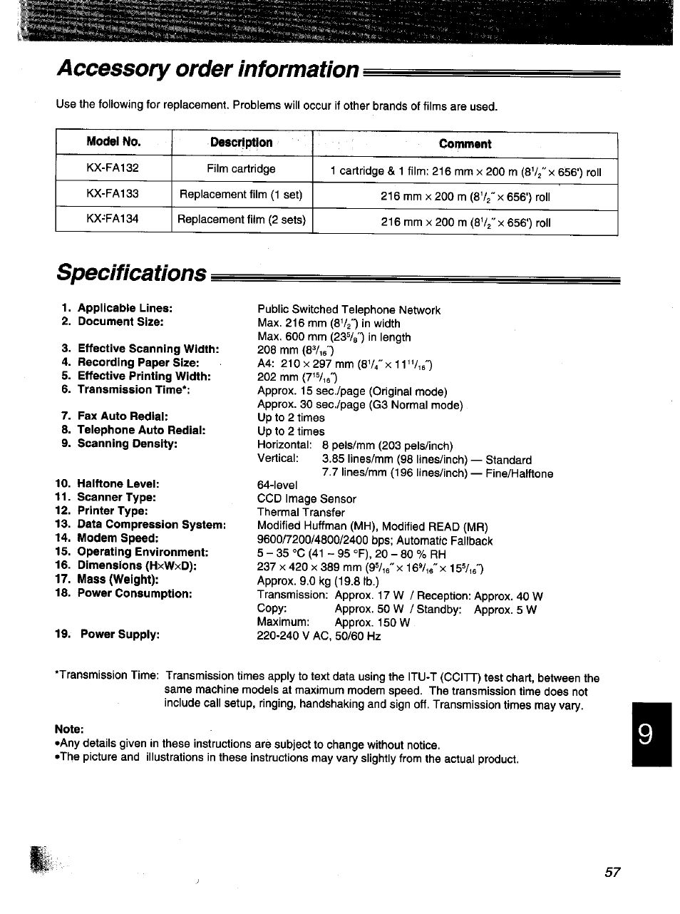 Accessory order information, Specifications | Panasonic KX-F1000NZ User Manual | Page 57 / 64