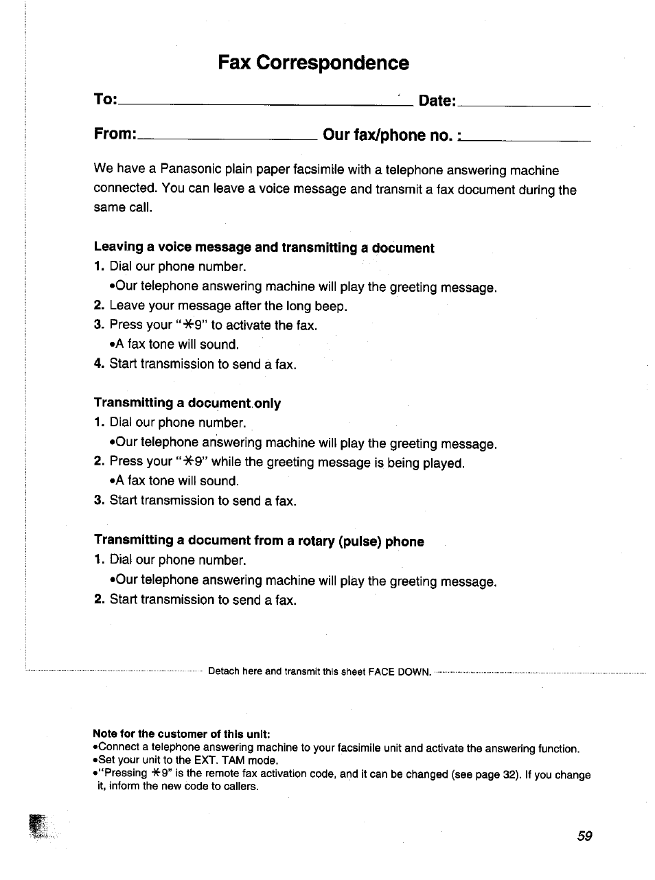 Date, Transmitting a document oniy, Fax correspondence | Panasonic KX-F1000NZ User Manual | Page 59 / 64