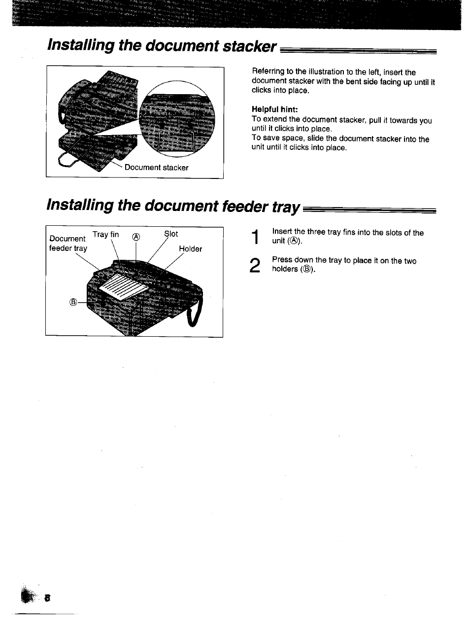 Installing the document feeder tray, Installing the document stacker | Panasonic KX-F1000NZ User Manual | Page 6 / 64