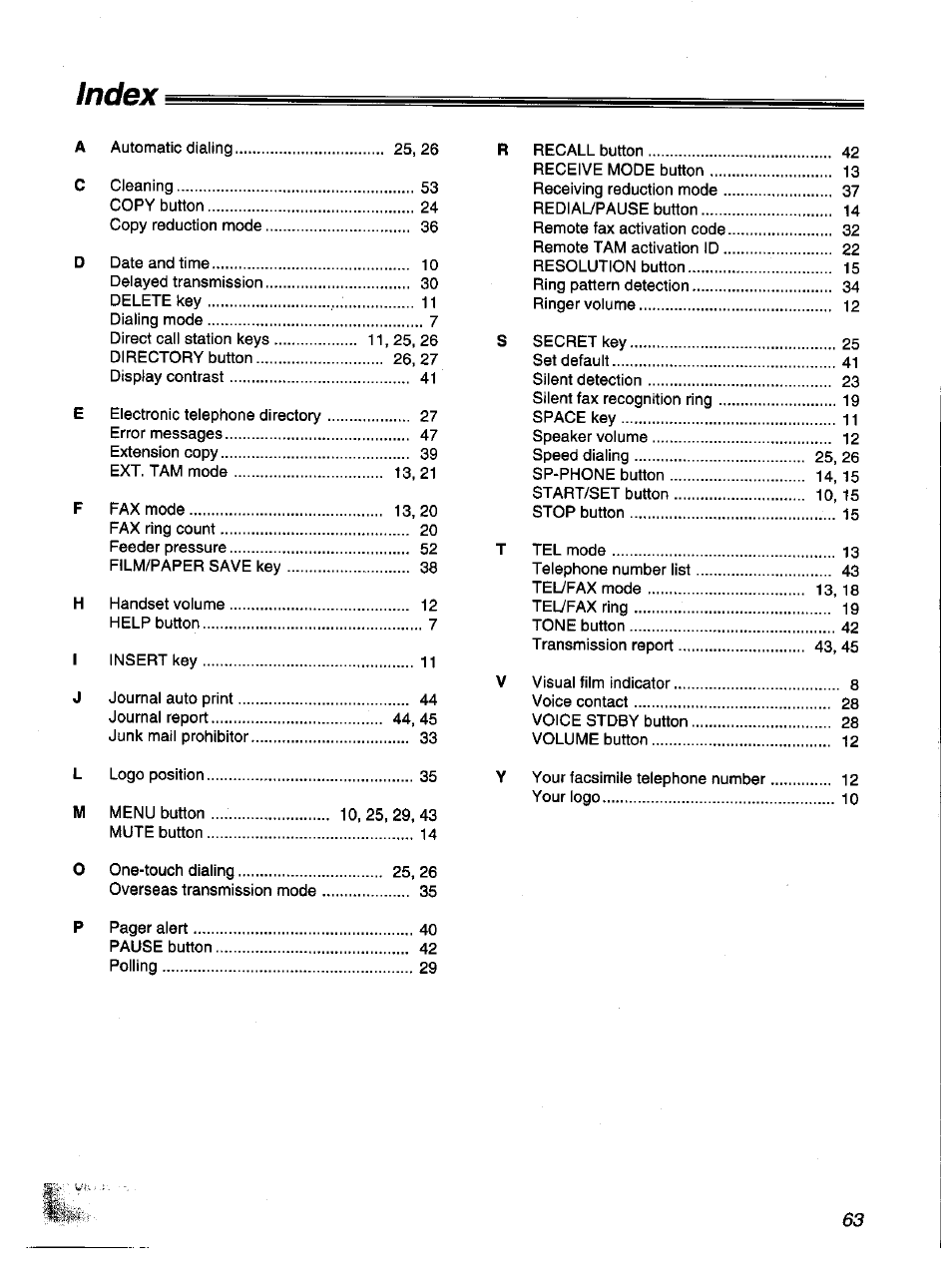 Index | Panasonic KX-F1000NZ User Manual | Page 63 / 64