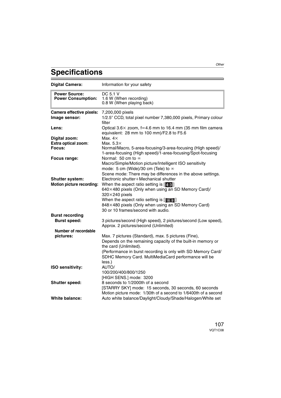 Specifications | Panasonic DMC-FX30 User Manual | Page 107 / 112