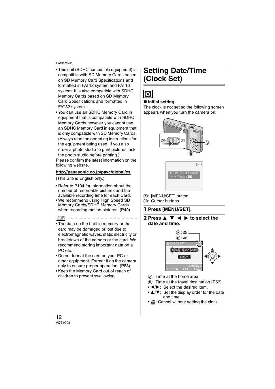 Setting date/time (clock set) | Panasonic DMC-FX30 User Manual | Page 12 / 112