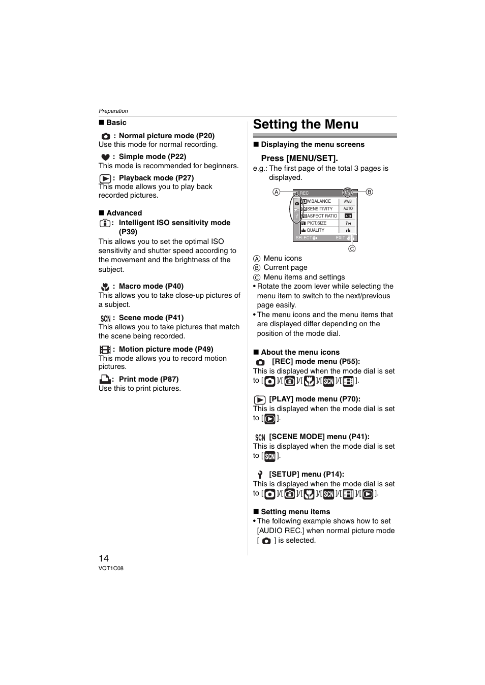 Setting the menu | Panasonic DMC-FX30 User Manual | Page 14 / 112