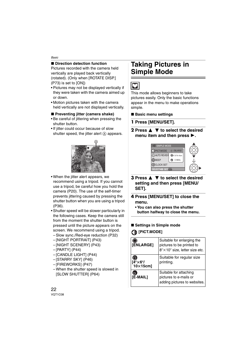 Taking pictures in simple mode | Panasonic DMC-FX30 User Manual | Page 22 / 112