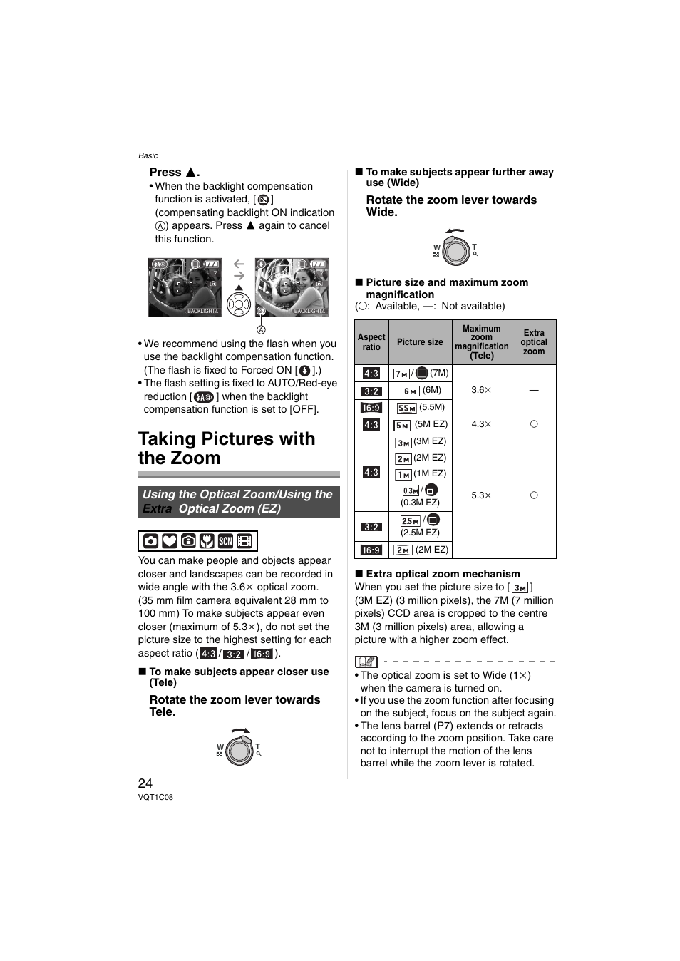 Taking pictures with the zoom | Panasonic DMC-FX30 User Manual | Page 24 / 112