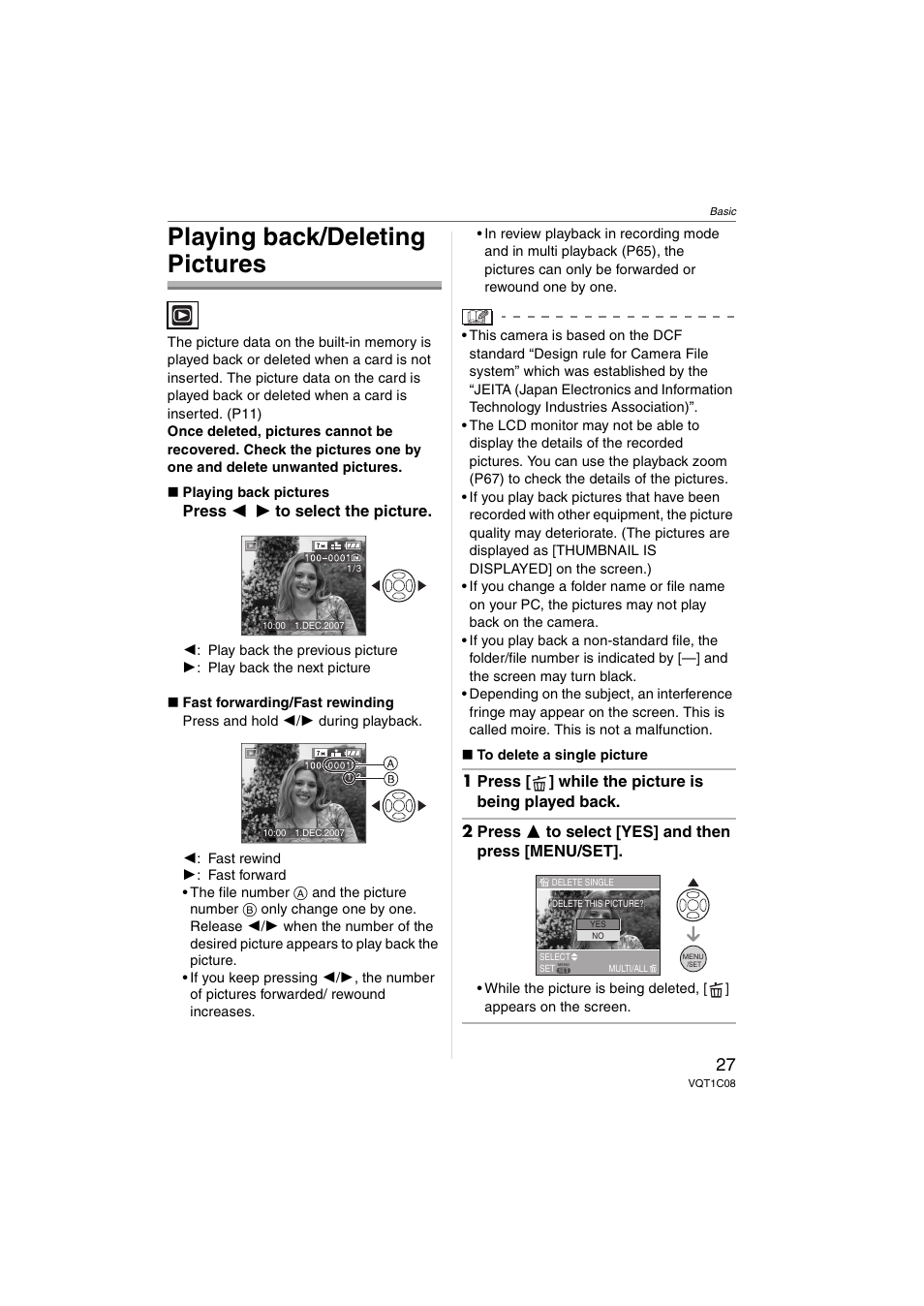 Playing back/deleting pictures | Panasonic DMC-FX30 User Manual | Page 27 / 112