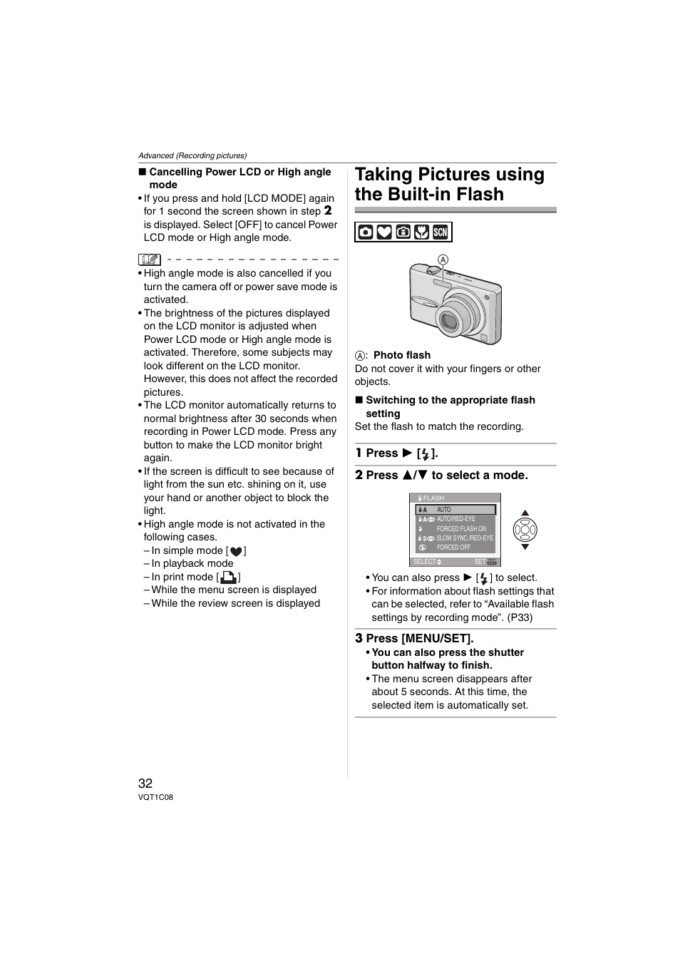 Taking pictures using the built-in flash | Panasonic DMC-FX30 User Manual | Page 32 / 112