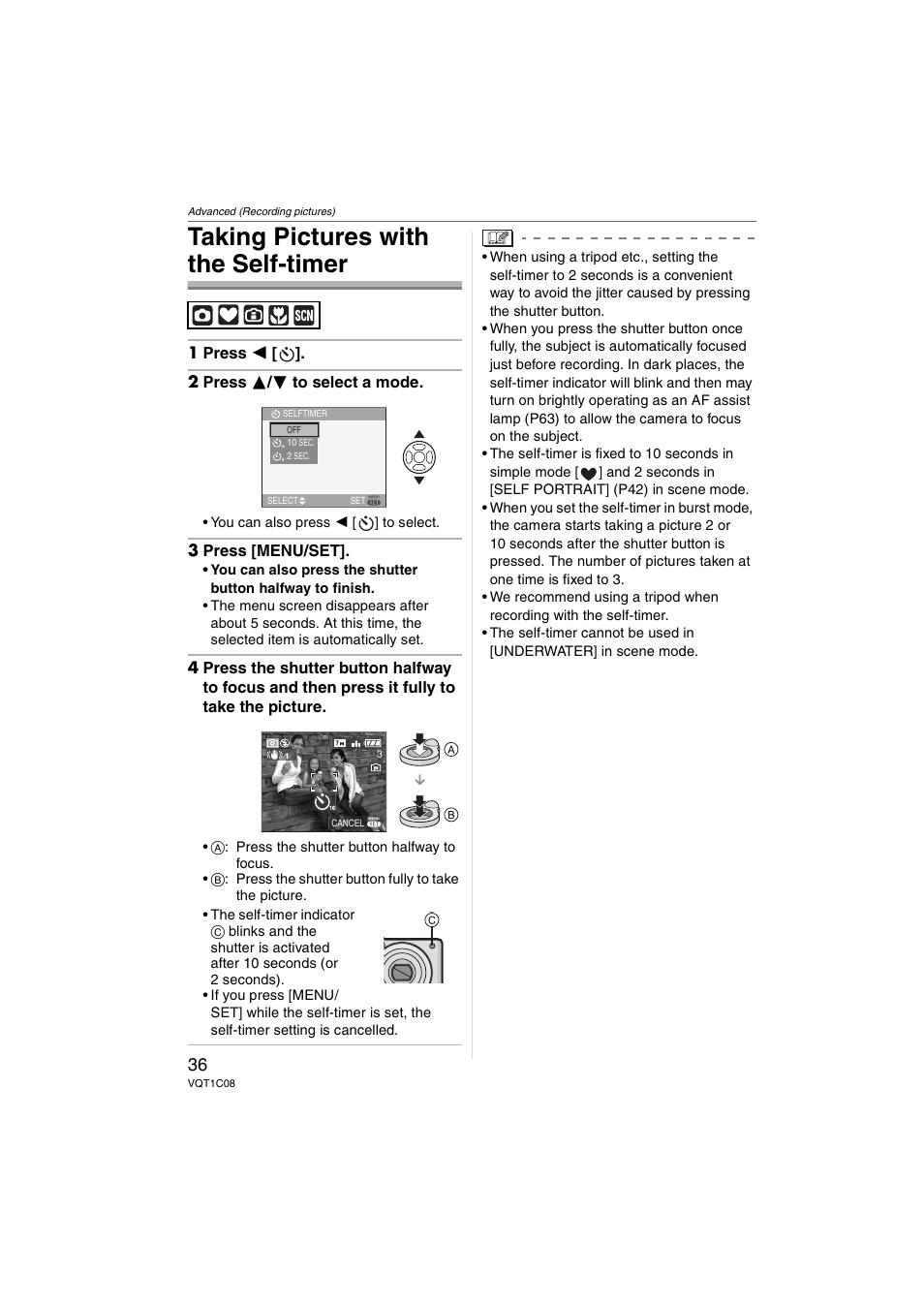 Taking pictures with the self-timer | Panasonic DMC-FX30 User Manual | Page 36 / 112