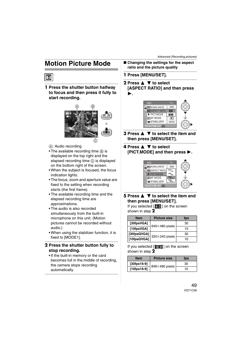 Motion picture mode, 2 press the shutter button fully to stop recording | Panasonic DMC-FX30 User Manual | Page 49 / 112