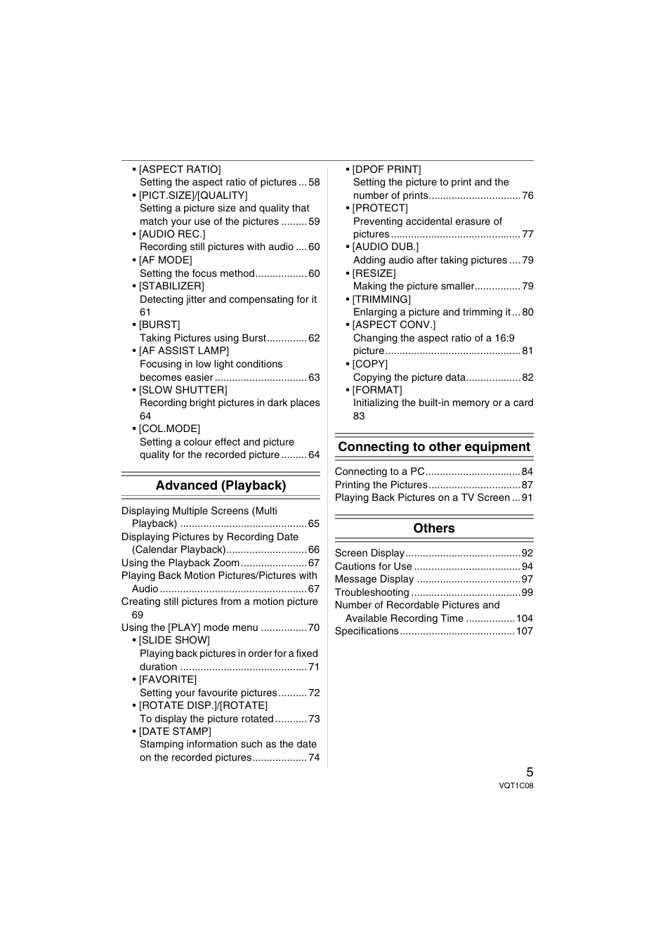 Advanced (playback), Connecting to other equipment, Others | Panasonic DMC-FX30 User Manual | Page 5 / 112