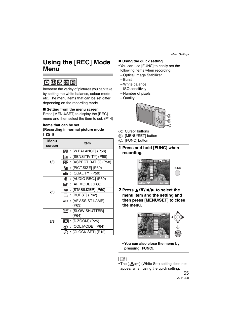 Using the [rec] mode menu | Panasonic DMC-FX30 User Manual | Page 55 / 112