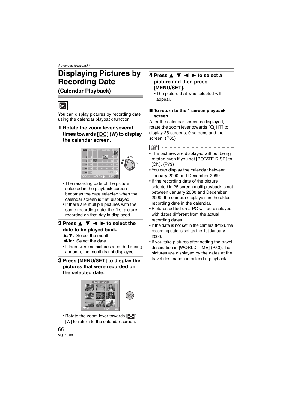 Displaying pictures by recording date, Calendar playback) | Panasonic DMC-FX30 User Manual | Page 66 / 112