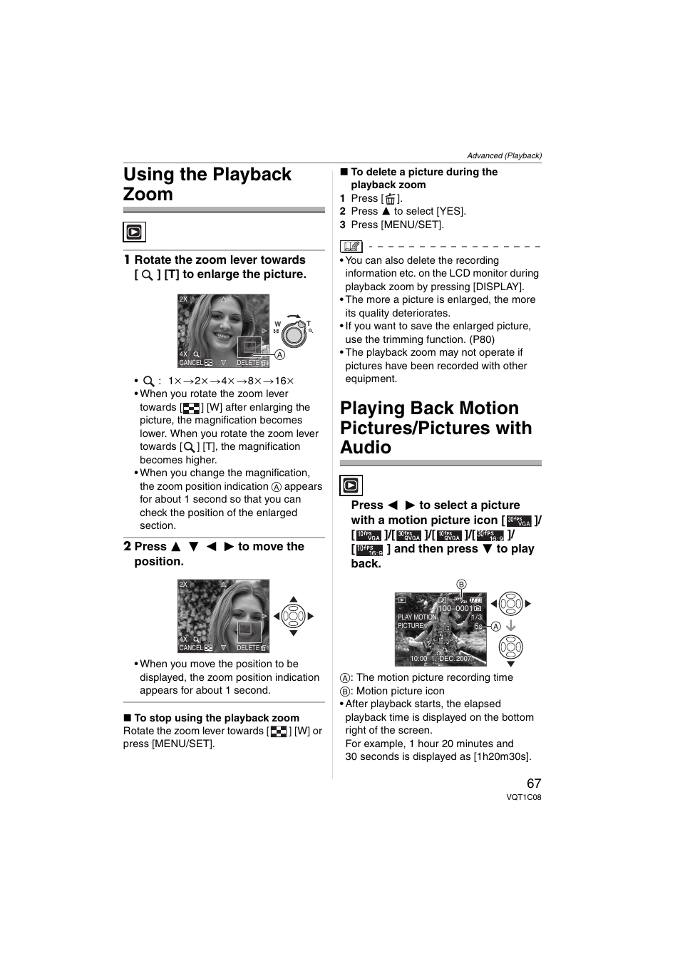 Using the playback zoom, Playing back motion pictures/pictures with audio | Panasonic DMC-FX30 User Manual | Page 67 / 112